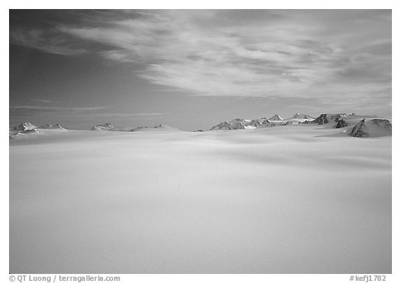 Aerial view of Harding icefield and Peaks. Kenai Fjords National Park (black and white)