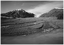 Turquoise Resurrection River and Exit Glacier. Kenai Fjords National Park, Alaska, USA. (black and white)