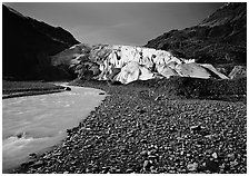 Exit Glacier front and glacial stream. Kenai Fjords National Park, Alaska, USA. (black and white)