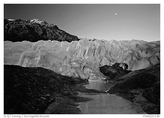 Front of Exit Glacier, sunrise and moon. Kenai Fjords National Park, Alaska, USA.