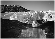 Frozen glacial pond and front of Exit Glacier, early morning. Kenai Fjords National Park, Alaska, USA. (black and white)