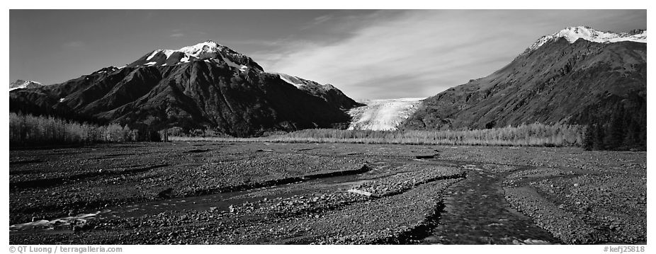 Streams on gravel bar with glacier in the distance. Kenai Fjords  National Park (black and white)