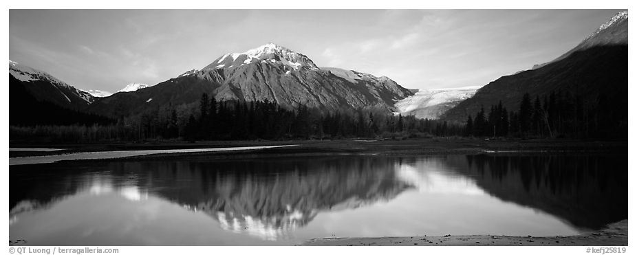 Mountains and glacier reflected in river. Kenai Fjords  National Park (black and white)