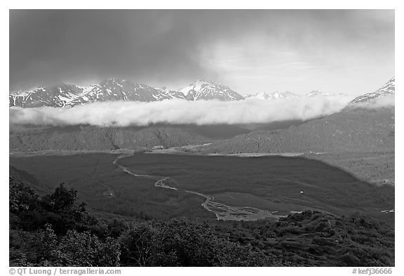 Outwash plain and Resurection Mountains, late afternoon. Kenai Fjords National Park, Alaska, USA.