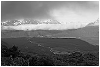 Outwash plain and Resurection Mountains, late afternoon. Kenai Fjords National Park, Alaska, USA. (black and white)