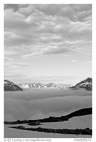 Sea of clouds and craggy peaks. Kenai Fjords National Park (black and white)