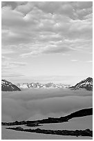 Sea of clouds and craggy peaks. Kenai Fjords National Park, Alaska, USA. (black and white)