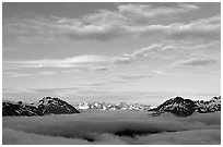 Sea of clouds and Resurection Mountains. Kenai Fjords National Park, Alaska, USA. (black and white)