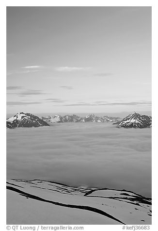 View from the Harding Icefield trail at sunset. Kenai Fjords National Park, Alaska, USA.