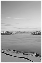 View from the Harding Icefield trail at sunset. Kenai Fjords National Park, Alaska, USA. (black and white)