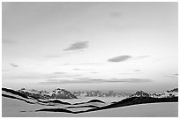 Pastel sky, mountain ranges and sea of clouds at dusk. Kenai Fjords National Park, Alaska, USA. (black and white)