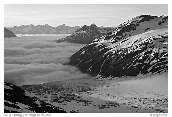 Craggy peaks, glacier, and sea of clouds. Kenai Fjords National Park (black and white)