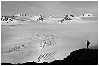 Harding icefield with man standing in the distance. Kenai Fjords National Park ( black and white)