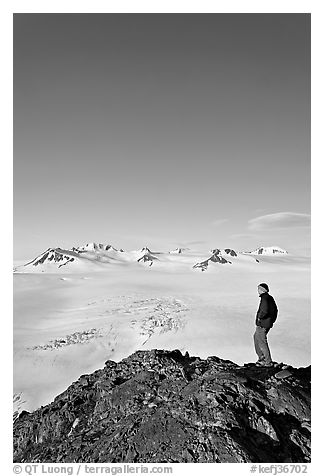 Hiker looking at the Harding icefield. Kenai Fjords National Park (black and white)