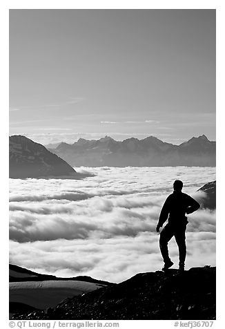 Man above a sea of clouds. Kenai Fjords National Park (black and white)