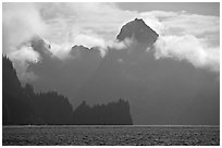 Peak emerging from the fog above bay waters. Kenai Fjords National Park, Alaska, USA. (black and white)