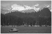 Small boat in Aialik Bay. Kenai Fjords National Park ( black and white)