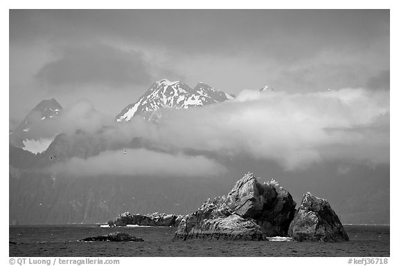 Rocky islets and cloud-shrouded peaks, Aialik Bay. Kenai Fjords National Park, Alaska, USA.