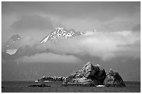 Rocky islets and cloud-shrouded peaks, Aialik Bay. Kenai Fjords National Park ( black and white)