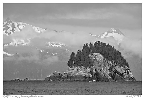 Rocky islet and snowy peaks, Aialik Bay. Kenai Fjords National Park, Alaska, USA.