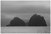 Islands emerging from fog, Aialik Bay. Kenai Fjords National Park, Alaska, USA. (black and white)