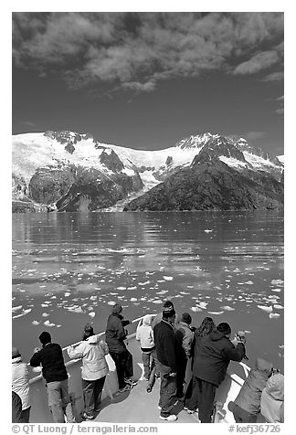 People looking as tour boat slows down for iceberg, Northwestern Fjord. Kenai Fjords National Park, Alaska, USA.