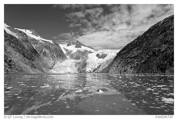 Northwestern Glacier and icebergs, Northwestern Lagoon. Kenai Fjords National Park (black and white)