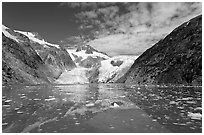Northwestern Glacier and icebergs, Northwestern Lagoon. Kenai Fjords National Park, Alaska, USA. (black and white)
