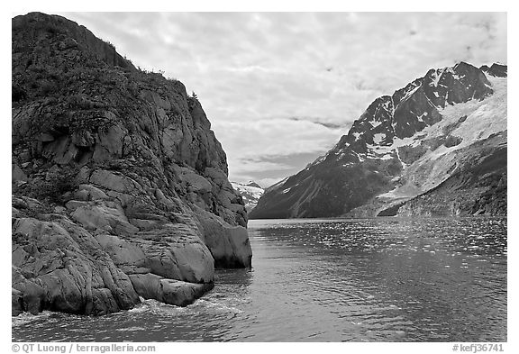 Striation Island and glacier in Northwestern Fjord. Kenai Fjords National Park (black and white)