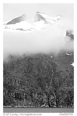 Cloud-covered peak and waterfalls, Northwestern Fjord. Kenai Fjords National Park (black and white)