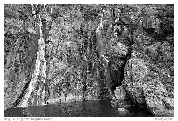 Waterfalls streaming into the ocean, Cataract Cove, Northwestern Fjord. Kenai Fjords National Park (black and white)