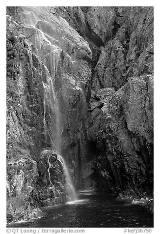 Waterfall streaming into Cataract Cove, Northwestern Fjord. Kenai Fjords National Park (black and white)