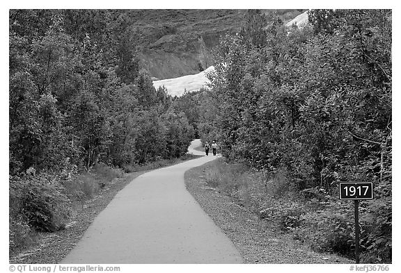 Exit Glacier trail with marker showing glacial retreat. Kenai Fjords National Park, Alaska, USA.