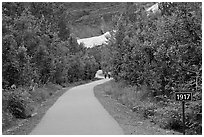 Exit Glacier trail with marker showing glacial retreat. Kenai Fjords National Park, Alaska, USA. (black and white)