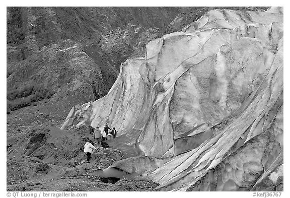 Family exploring at the base of Exit Glacier. Kenai Fjords National Park, Alaska, USA.