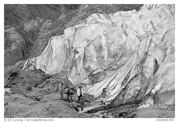 Family hiking on moraine at the base of Exit Glacier. Kenai Fjords National Park (black and white)