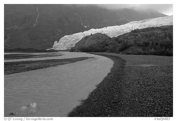 Glacial stream, Exit Glacier and outwash plain, 2002. Kenai Fjords National Park (black and white)