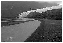 Glacial stream, Exit Glacier and outwash plain. Kenai Fjords National Park, Alaska, USA. (black and white)