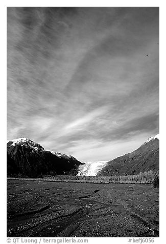 Sky, Resurrection River and Exit Glacier, morning. Kenai Fjords National Park (black and white)