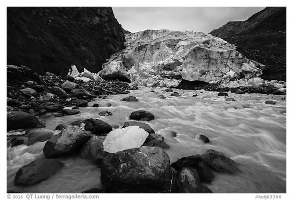 Powerful glacial stream flows from Exit Glacier, 2016. Kenai Fjords National Park (black and white)