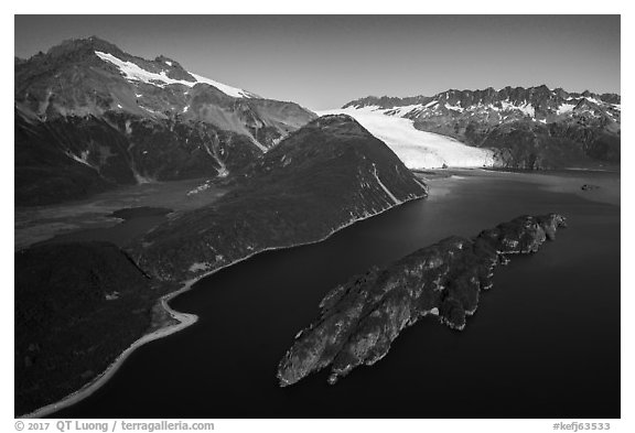 Aerial View of Slate Island and Aialik Bay. Kenai Fjords National Park (black and white)