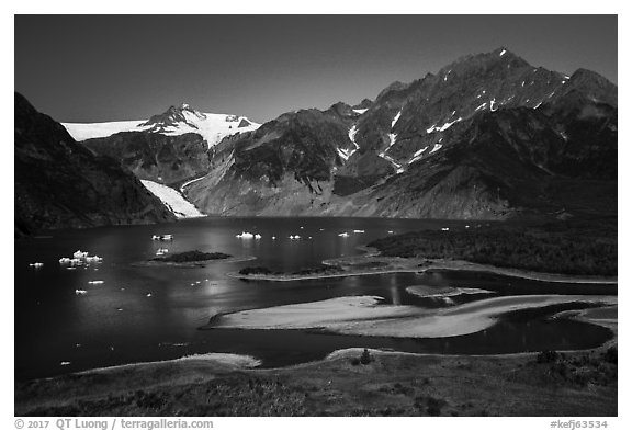 Aerial View of Pedersen Lagoon and Glacier. Kenai Fjords National Park (black and white)