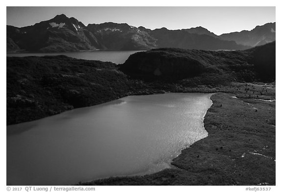 Aerial View of Pedersen Lagoon and Aialik Bay. Kenai Fjords National Park (black and white)