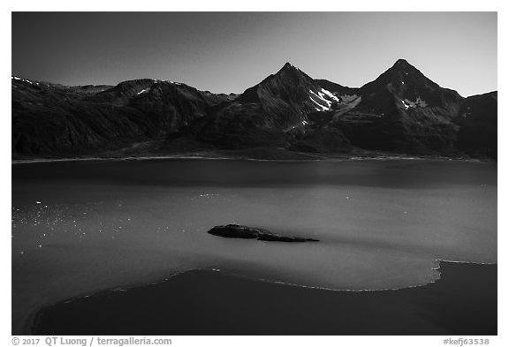 Aerial View of Aialik Bay with silky water from Aialik Glacier. Kenai Fjords National Park (black and white)