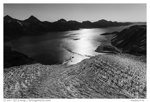 Aerial View of Aialik Glacier flowing into Aialik Bay. Kenai Fjords National Park (black and white)
