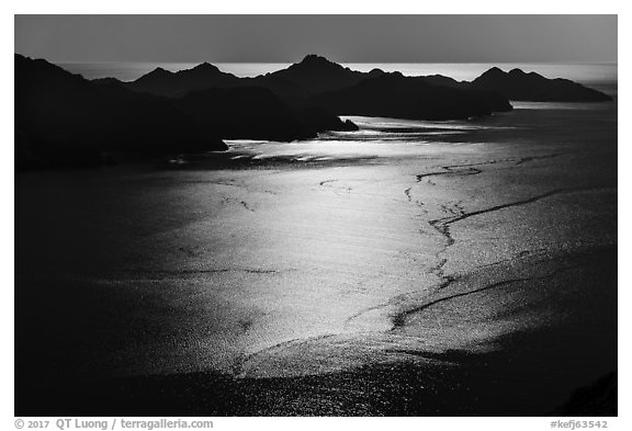 Aerial View of backlit Aialik Bay. Kenai Fjords National Park (black and white)