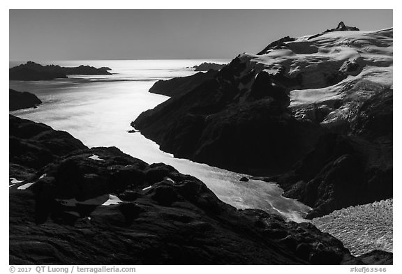 Aerial View of backlit Holgate Arm. Kenai Fjords National Park (black and white)