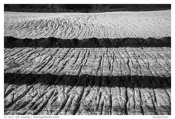 Aerial View of lateral moraines on Bear Glacier. Kenai Fjords National Park (black and white)