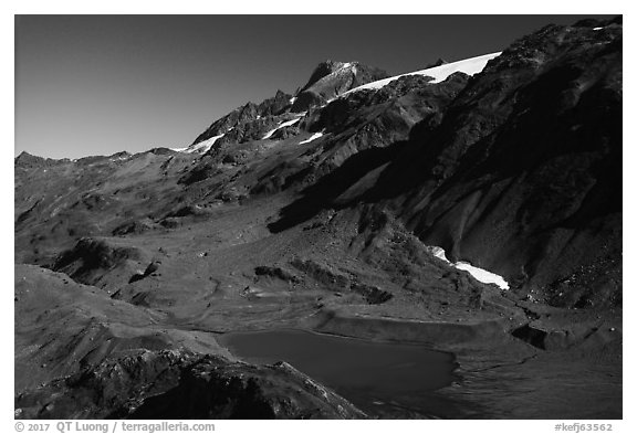 Aerial View of lake in valley. Kenai Fjords National Park (black and white)