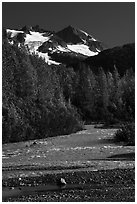 Stream and Phoenix Peak, Exit Glacier outwash plain. Kenai Fjords National Park ( black and white)